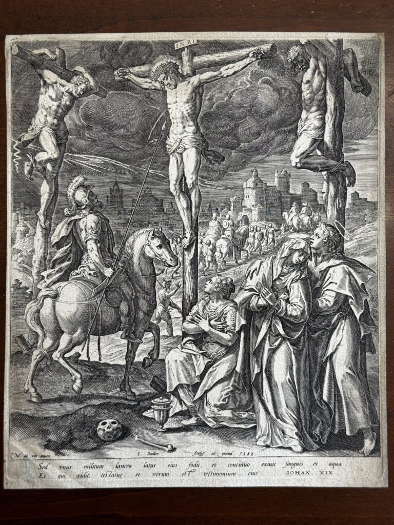 D'après Maarten de Vos – Incisione "Crocifissione e colpo di lancia"