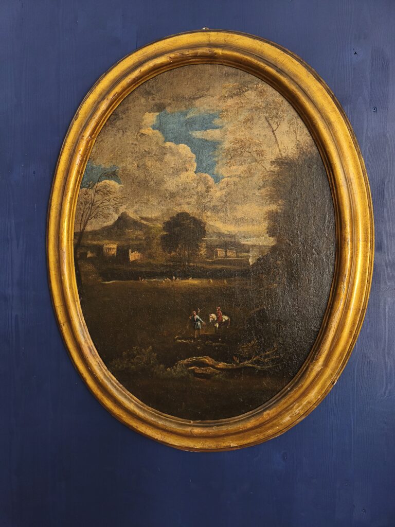 Paesaggio campestre con gentiluomo a cavallo e viandante presso un borgo